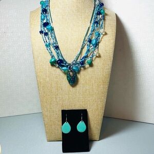 Layered Necklaces in Blue and Green with Earrings